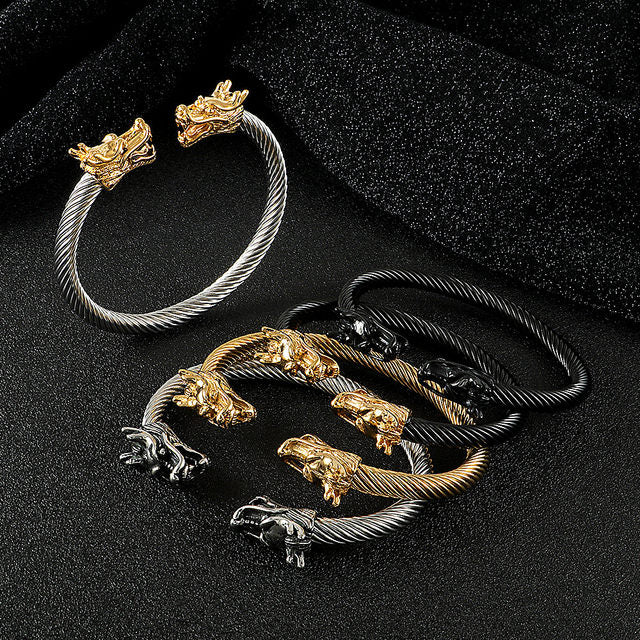 Dual Tone Steel Cable Cuff Bracelet with Gold Lion Heads