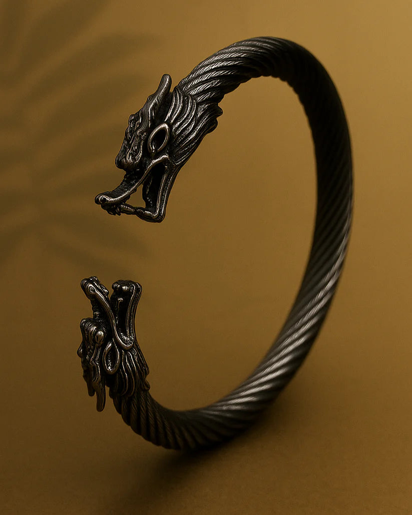 Dual Tone Steel Cable Cuff Bracelet with Gold Lion Heads