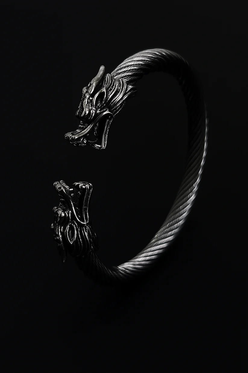 Dual Tone Steel Cable Cuff Bracelet with Gold Lion Heads